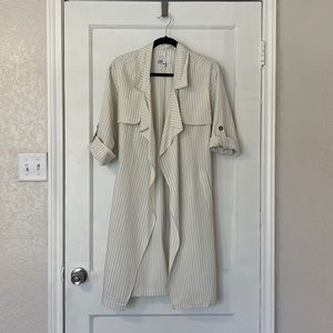 Off-white and black pin strip trench coat. Light weight fabric, size small.